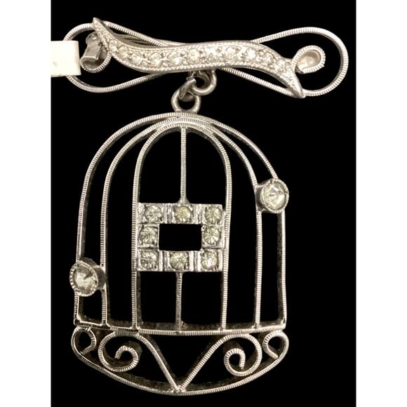 Beautiful Vintage Sterling Silver Bird Cage Brooch With Rhinestones